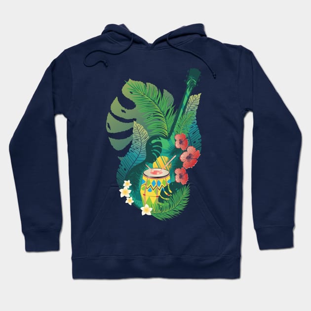 Retro guitar with drum and tropical leaves Hoodie by AnnArtshock